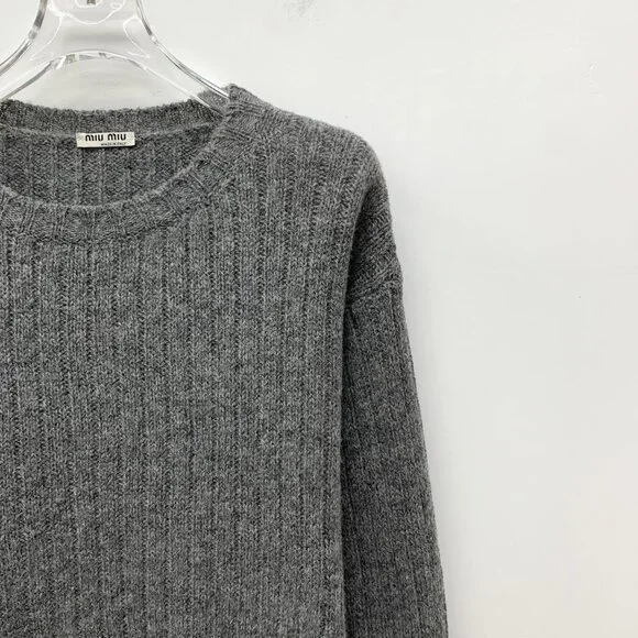 DW0605 MiuMiu Dark Grey Sheep Wool Round Neck Long Sleeve Irregular Knit Sweater